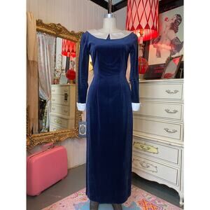 vintage 1980s blue velveteen gown reverse collar french cuffs 80s fashion velvet